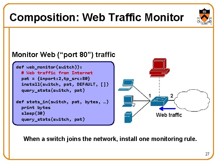 Composition: Web Traffic Monitor Web (“port 80”) traffic def web_monitor(switch)): # Web traffic from