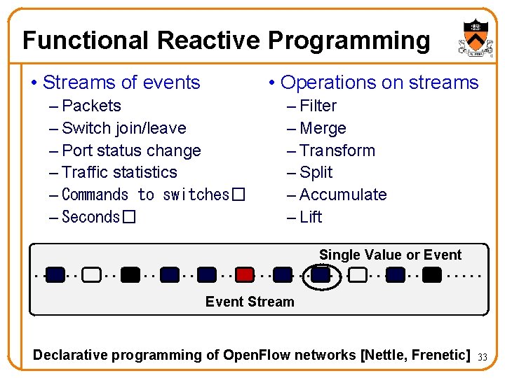 Functional Reactive Programming • Streams of events • Operations on streams – Packets –