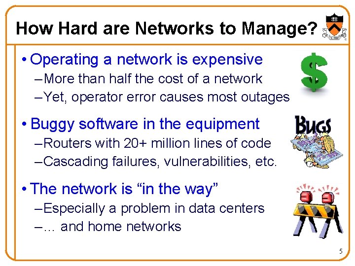 How Hard are Networks to Manage? • Operating a network is expensive – More