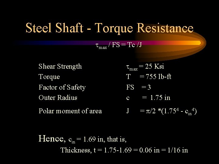 Steel Shaft - Torque Resistance max / FS = Tc /J Shear Strength Torque