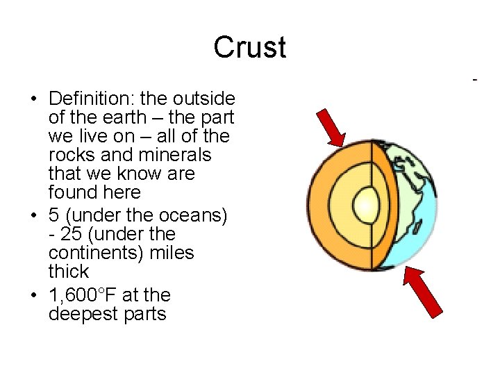 Crust • Definition: the outside of the earth – the part we live on