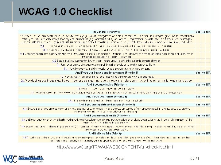 WCAG 1. 0 Checklist DSD http: //www. w 3. org/TR/WAI-WEBCONTENT/full-checklist. html Pataki Máté 5
