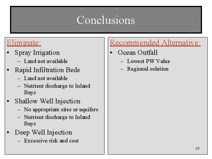 Conclusions Eliminate: Recommended Alternative: • Spray Irrigation • Ocean Outfall – Land not available