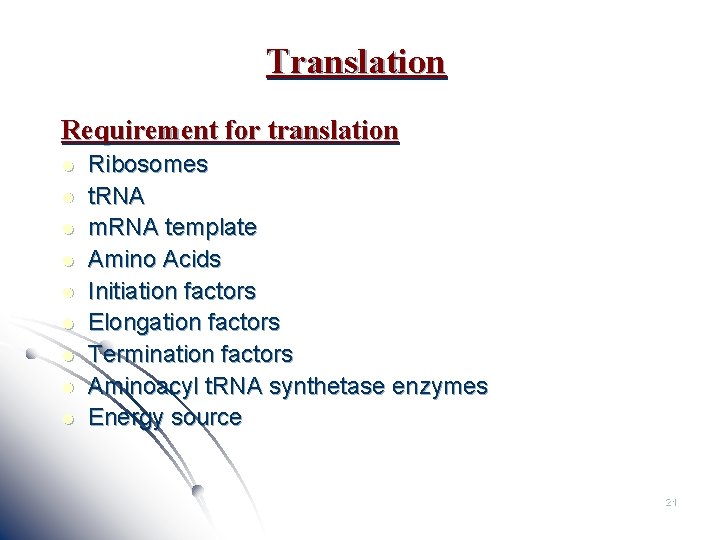 Translation Requirement for translation l l l l l Ribosomes t. RNA m. RNA