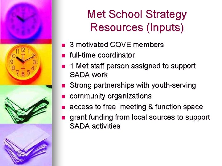 Met School Strategy Resources (Inputs) n n n n 3 motivated COVE members full-time Met School Strategy Resources (Inputs) n n n n 3 motivated COVE members full-time