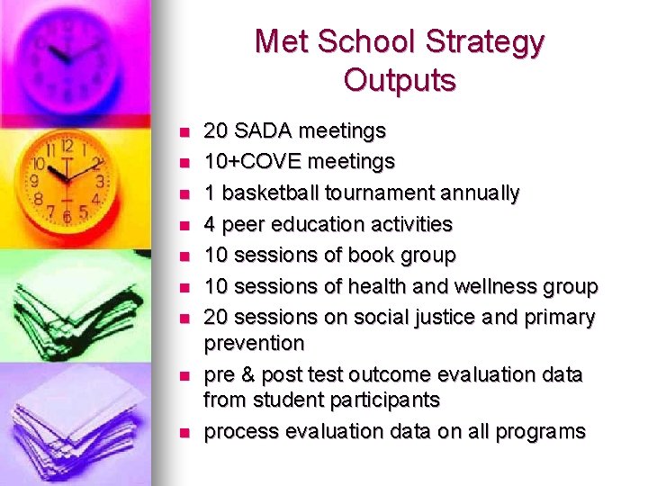 Met School Strategy Outputs n n n n n 20 SADA meetings 10+COVE meetings Met School Strategy Outputs n n n n n 20 SADA meetings 10+COVE meetings