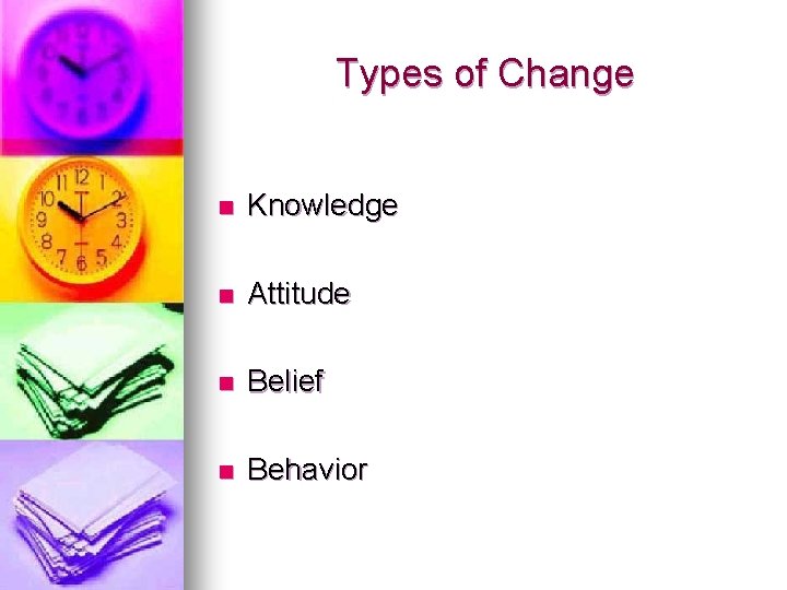 Types of Change n Knowledge n Attitude n Belief n Behavior Types of Change n Knowledge n Attitude n Belief n Behavior
