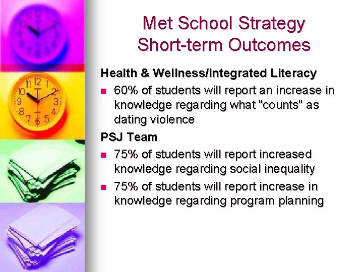 Met School Strategy Short-term Outcomes Health & Wellness/Integrated Literacy n 60% of students will Met School Strategy Short-term Outcomes Health & Wellness/Integrated Literacy n 60% of students will