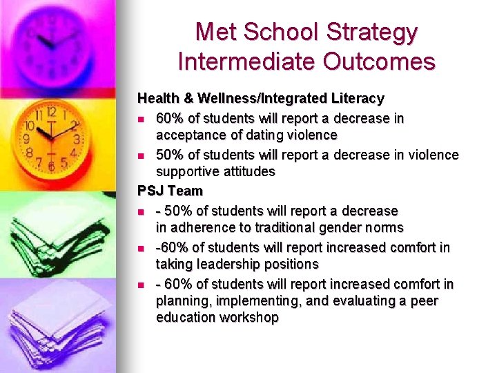 Met School Strategy Intermediate Outcomes Health & Wellness/Integrated Literacy n 60% of students will Met School Strategy Intermediate Outcomes Health & Wellness/Integrated Literacy n 60% of students will