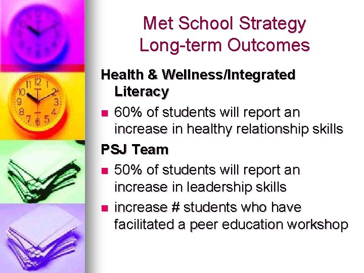 Met School Strategy Long-term Outcomes Health & Wellness/Integrated Literacy n 60% of students will Met School Strategy Long-term Outcomes Health & Wellness/Integrated Literacy n 60% of students will