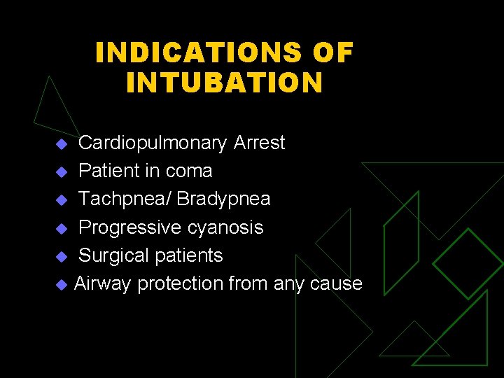 INDICATIONS OF INTUBATION Cardiopulmonary Arrest u Patient in coma u Tachpnea/ Bradypnea u Progressive