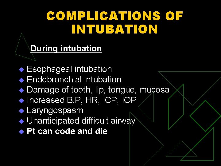 COMPLICATIONS OF INTUBATION During intubation Esophageal intubation u Endobronchial intubation u Damage of tooth,
