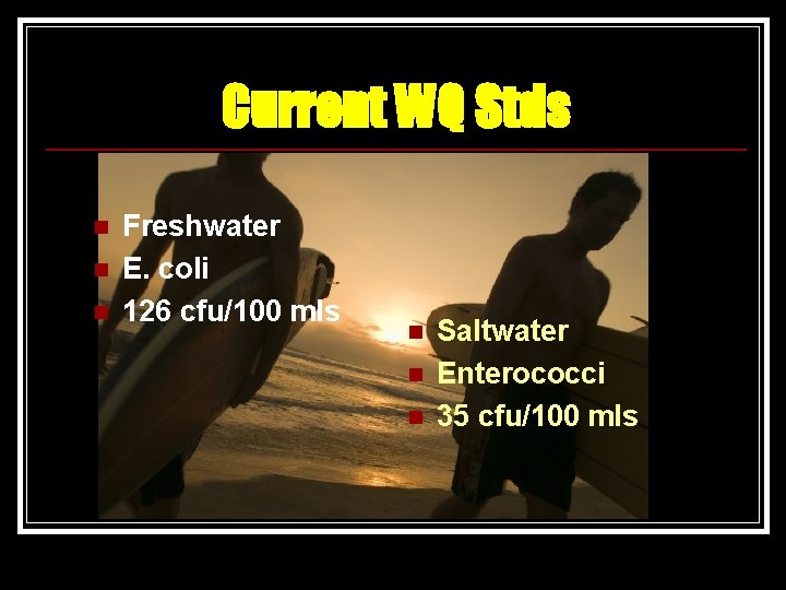 Current WQ Stds n n n Freshwater E. coli 126 cfu/100 mls n n