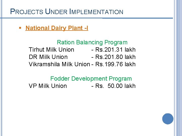 PROJECTS UNDER IMPLEMENTATION § National Dairy Plant -I Ration Balancing Program Tirhut Milk Union