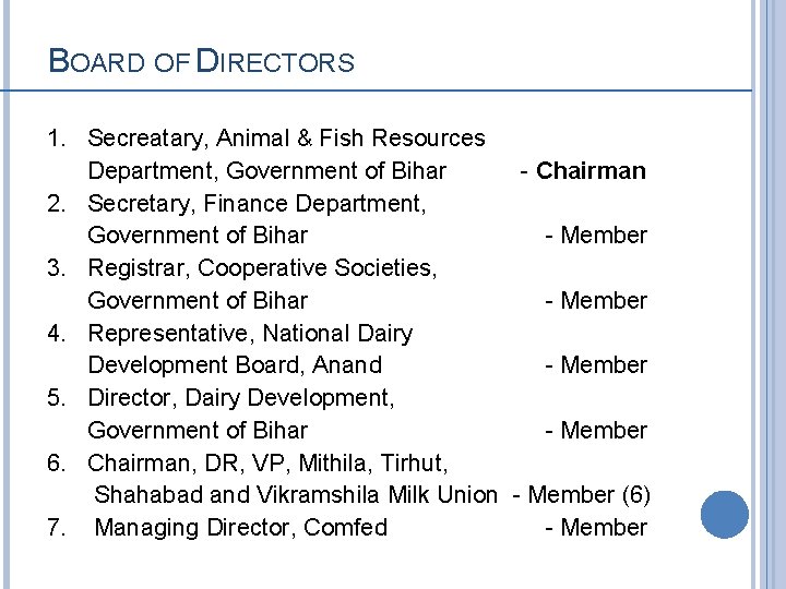 BOARD OF DIRECTORS 1. Secreatary, Animal & Fish Resources Department, Government of Bihar -