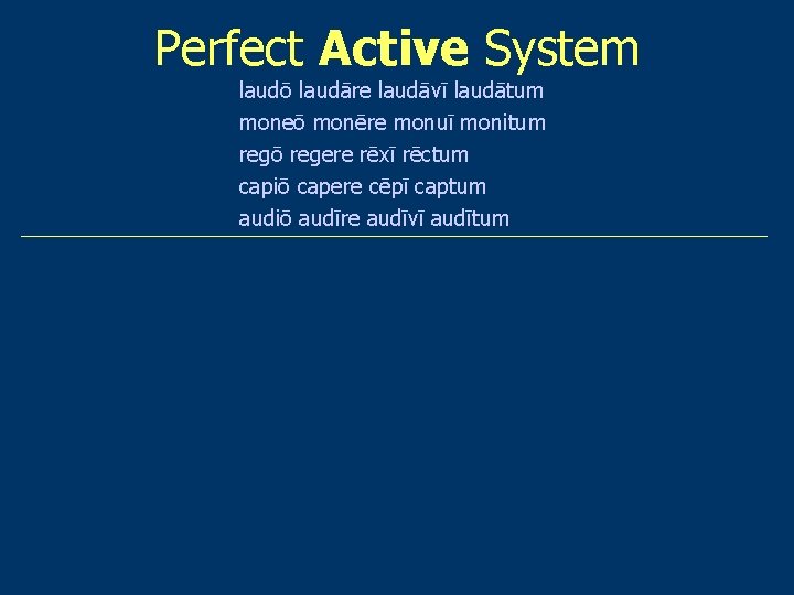 Perfect Active System laudō laudāre laudāvī laudātum moneō monēre monuī monitum regō regere rēxī