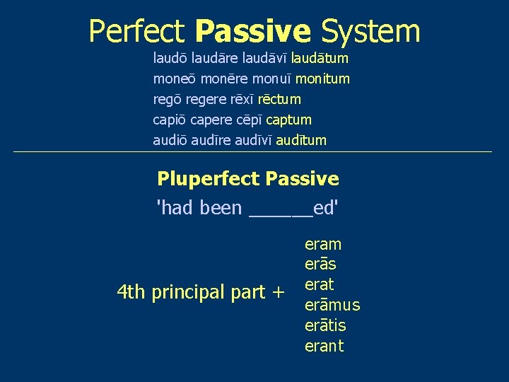 Perfect Passive System laudō laudāre laudāvī laudātum moneō monēre monuī monitum regō regere rēxī