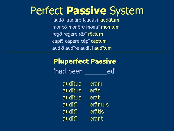 Perfect Passive System laudō laudāre laudāvī laudātum moneō monēre monuī monitum regō regere rēxī