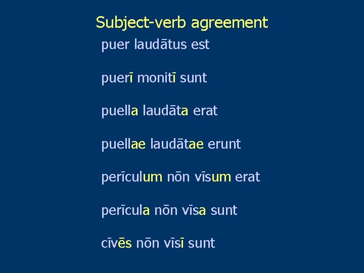 Subject-verb agreement puer laudātus est puerī monitī sunt puella laudāta erat puellae laudātae erunt