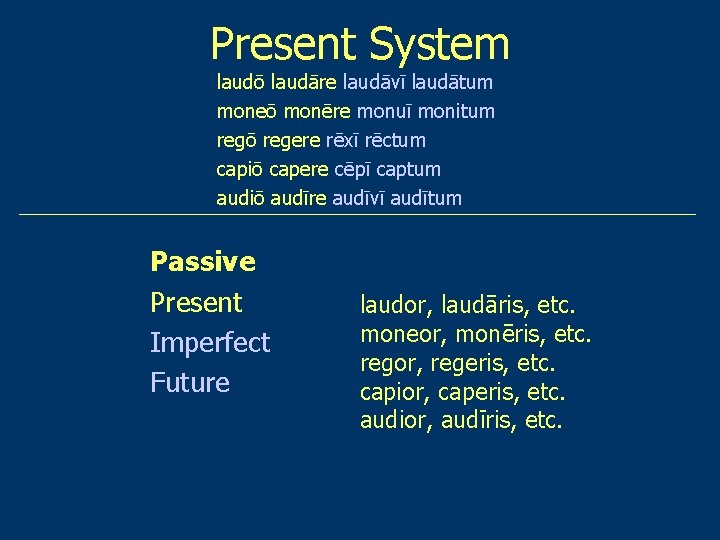 Present System laudō laudāre laudāvī laudātum moneō monēre monuī monitum regō regere rēxī rēctum