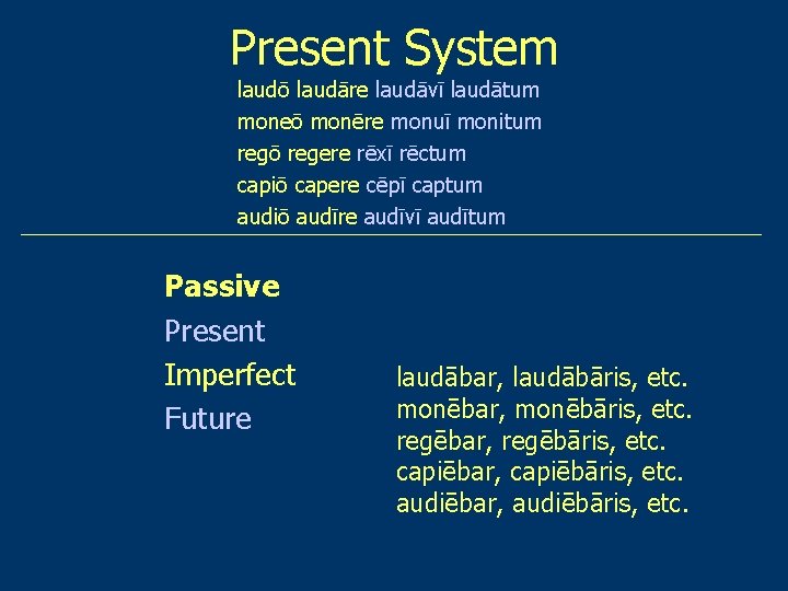 Present System laudō laudāre laudāvī laudātum moneō monēre monuī monitum regō regere rēxī rēctum