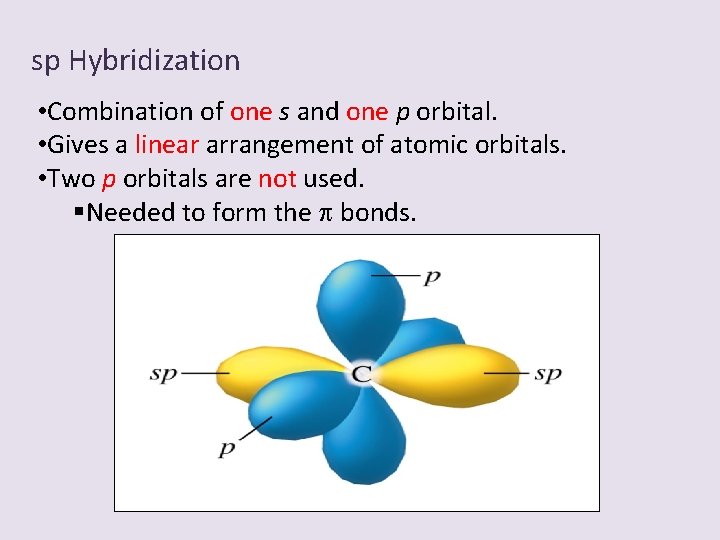 sp Hybridization • Combination of one s and one p orbital. • Gives a