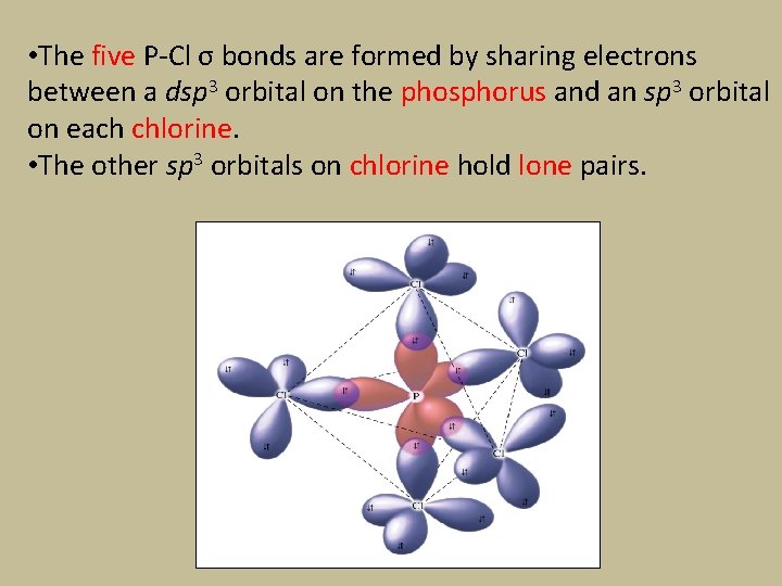  • The five P-Cl σ bonds are formed by sharing electrons between a