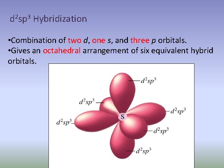 d 2 sp 3 Hybridization • Combination of two d, one s, and three