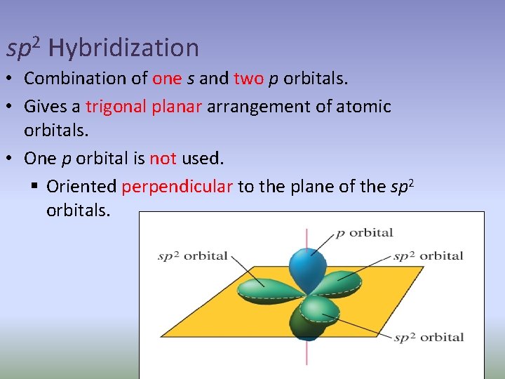 sp 2 Hybridization • Combination of one s and two p orbitals. • Gives
