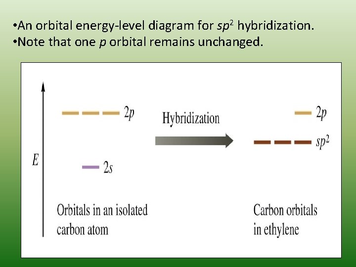  • An orbital energy-level diagram for sp 2 hybridization. • Note that one