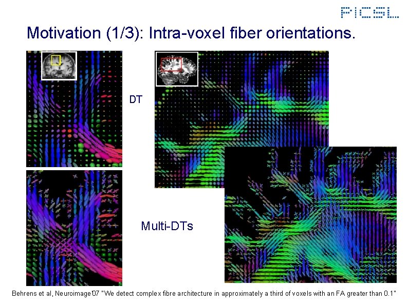 Motivation (1/3): Intra-voxel fiber orientations. DT Multi-DTs Behrens et al, Neuroimage'07 “We detect complex