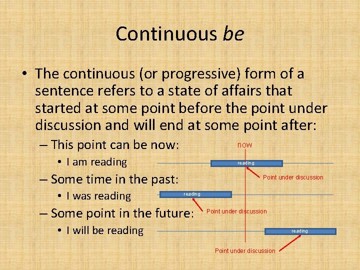 Continuous be • The continuous (or progressive) form of a sentence refers to a