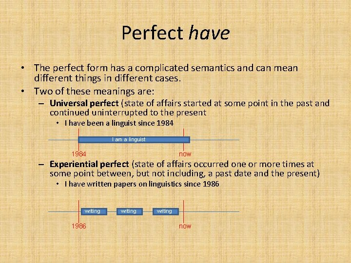 Perfect have • The perfect form has a complicated semantics and can mean different