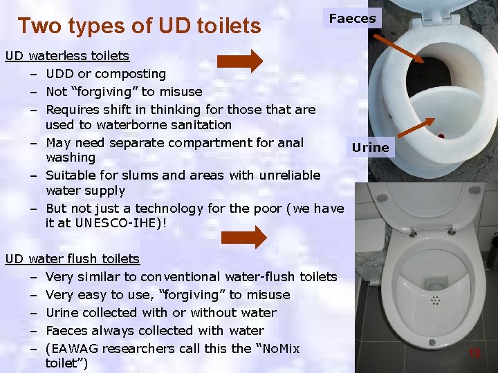 Two types of UD toilets Faeces UD waterless toilets – UDD or composting –