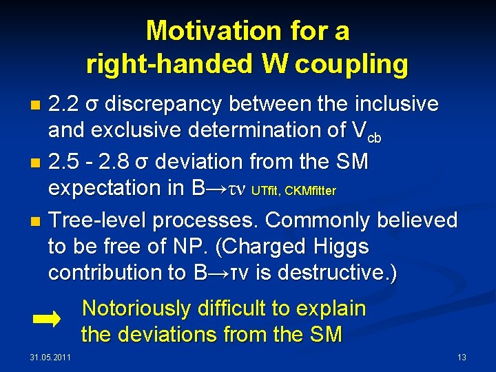 Motivation for a right-handed W coupling 2. 2 σ discrepancy between the inclusive and