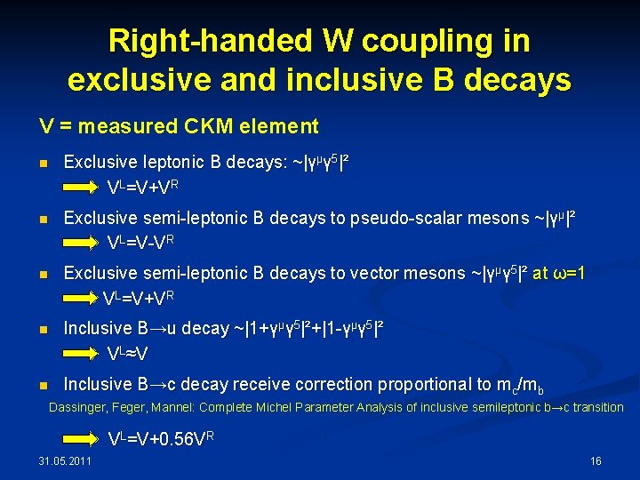 Right-handed W coupling in exclusive and inclusive B decays V = measured CKM element