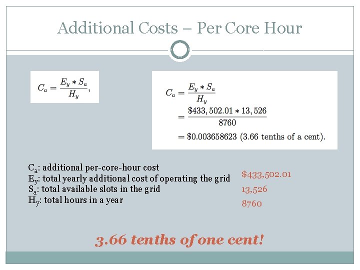 Additional Costs – Per Core Hour Ca: additional per-core-hour cost Ey: total yearly additional