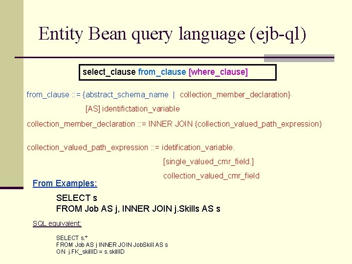 Entity Bean query language (ejb-ql) select_clause from_clause [where_clause] from_clause : : = {abstract_schema_name |