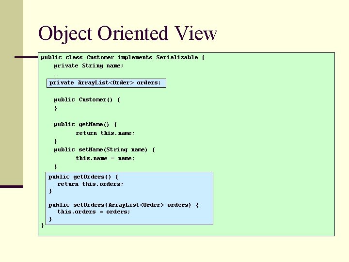 Object Oriented View public class Customer implements Serializable { private String name; … private.