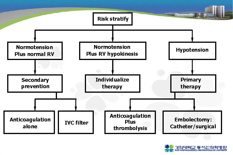 Risk stratify Normotension Plus normal RV Normotension Plus RV hypokinesis Hypotension Secondary prevention Individualize