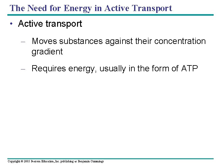 The Need for Energy in Active Transport • Active transport – Moves substances against