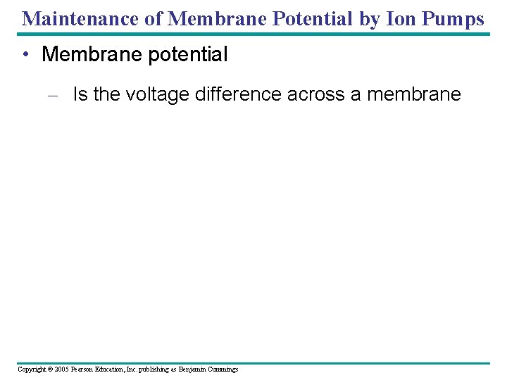 Maintenance of Membrane Potential by Ion Pumps • Membrane potential – Is the voltage