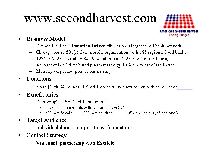 www. secondharvest. com • Business Model – – – Founded in 1979: Donation Driven