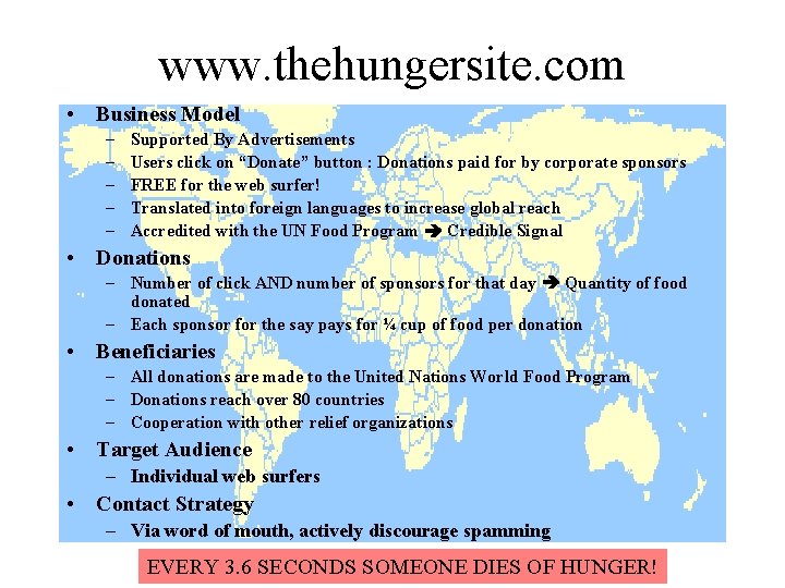 www. thehungersite. com • Business Model – – – Supported By Advertisements Users click