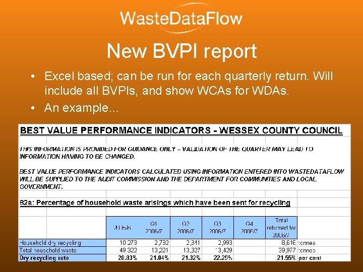 New BVPI report • Excel based; can be run for each quarterly return. Will