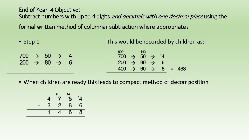 End of Year 4 Objective: Subtract numbers with up to 4 digits and decimals