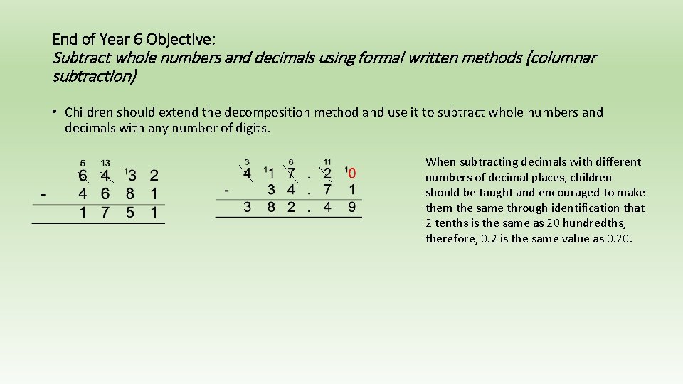 End of Year 6 Objective: Subtract whole numbers and decimals using formal written methods