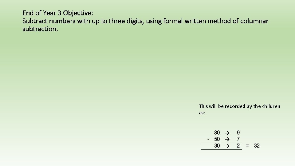 End of Year 3 Objective: Subtract numbers with up to three digits, using formal