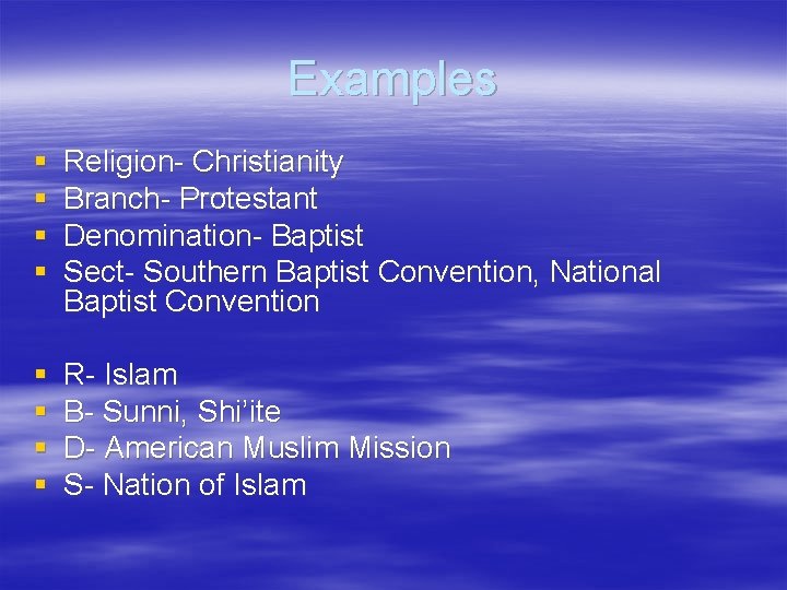 Examples § § Religion- Christianity Branch- Protestant Denomination- Baptist Sect- Southern Baptist Convention, National