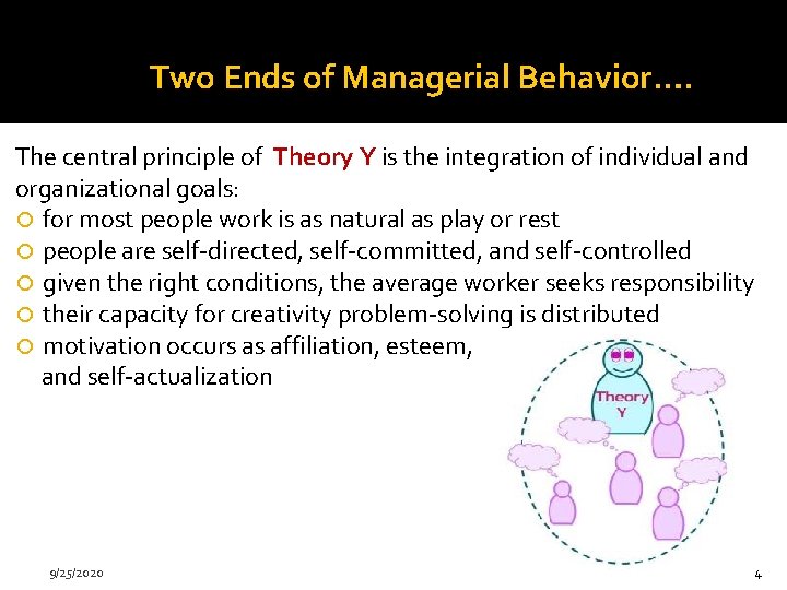 Two Ends of Managerial Behavior…. The central principle of Theory Y is the integration